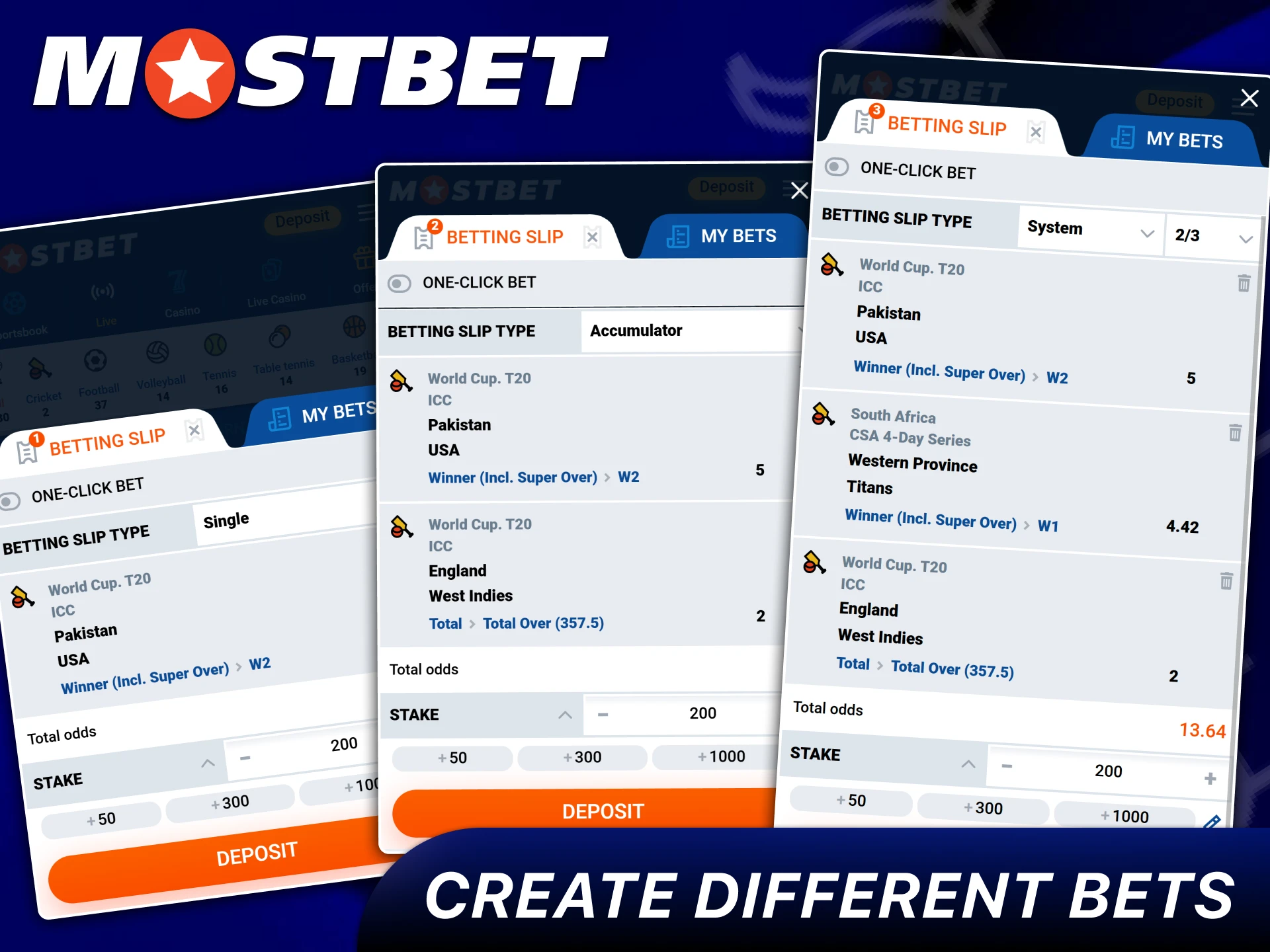 Create Single, Combo, and System Bets in Mostbet App.
