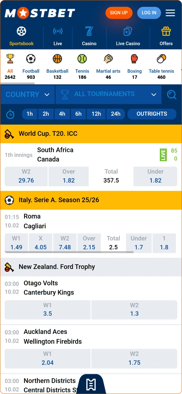 Easily place your sports bets in the Mostbet sportsbook.