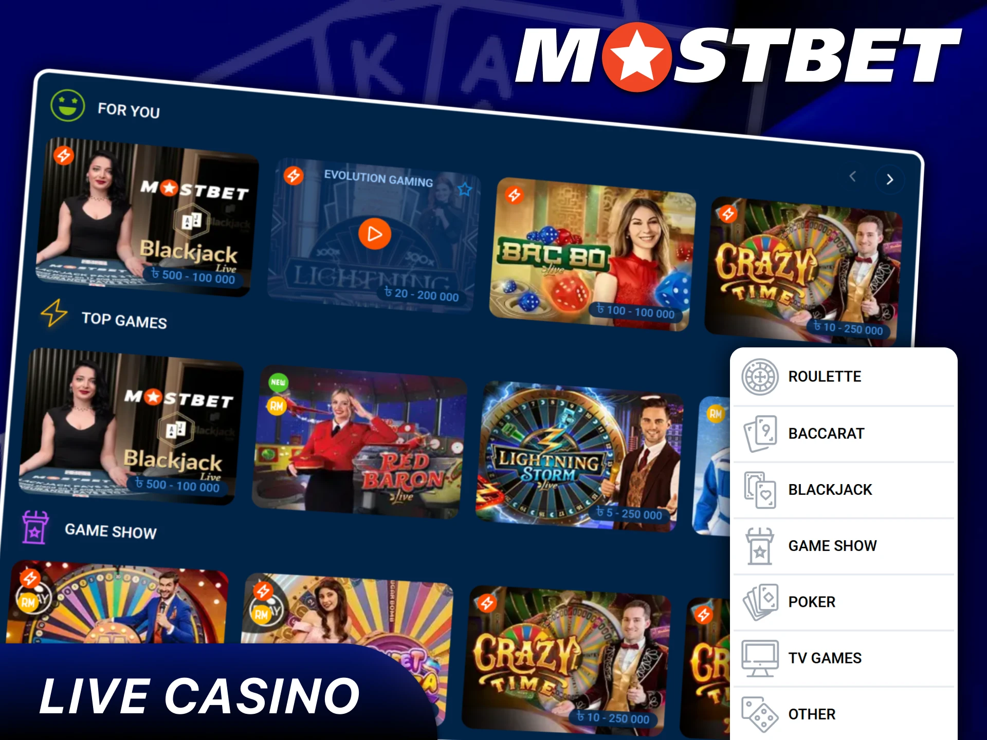 Play casino games against the real dealers at Mostbet.