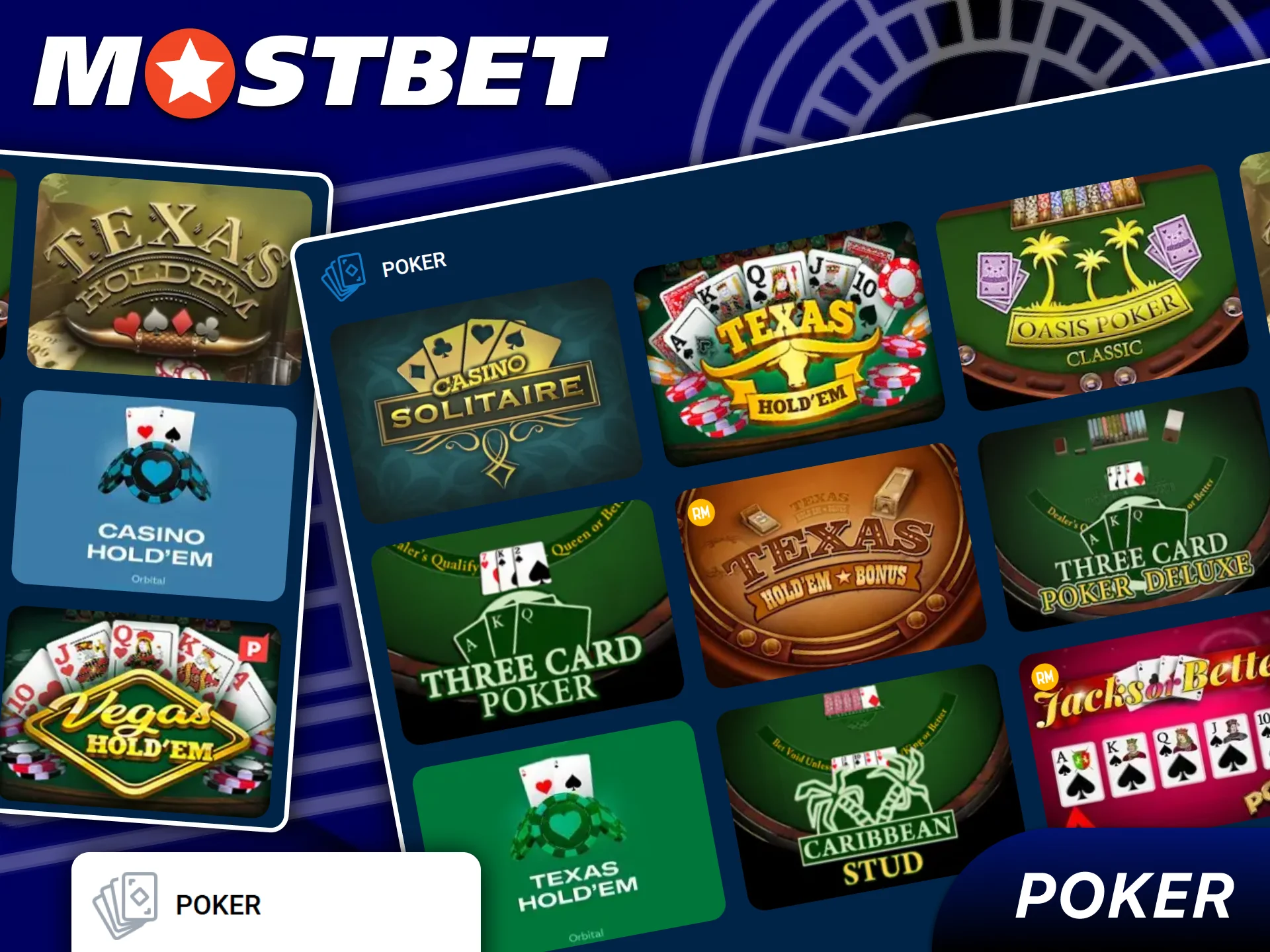 Play different types of poker at the Mostbet casino.
