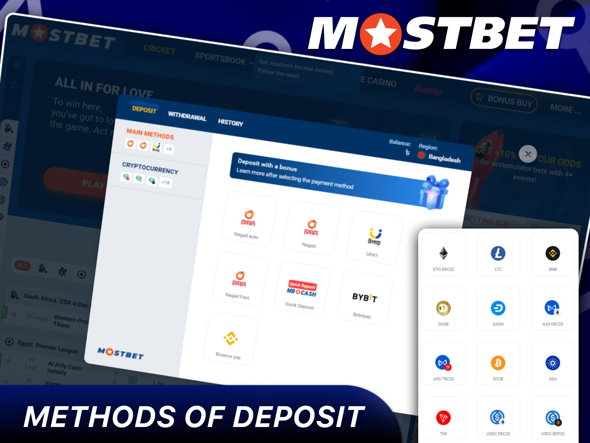 There are a lot of popular and convenient ways to deposit your Mostbet account.